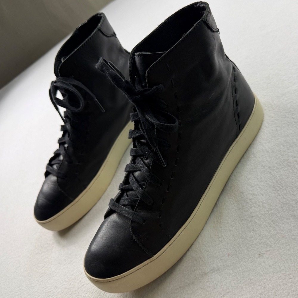 Frye High Top Black Leather Sneakers Whipstitch Minimalist Boho 10M Luxury